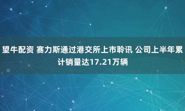 望牛配资 赛力斯通过港交所上市聆讯 公司上半年累计销量达17.21万辆